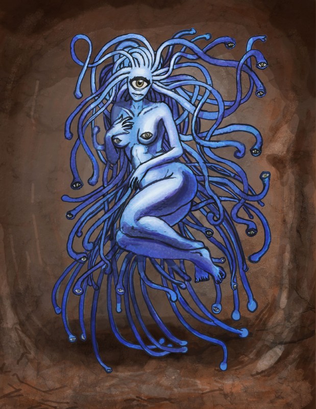 blue_body blue_lips blue_skin breasts female lips looking_at_viewer monster_girl_(genre) multi_eye nipples non-mammal_nipples simple_background solo tentacles what heavyarmorhellfire beholder humanoid monster tentacle_creature hi_res