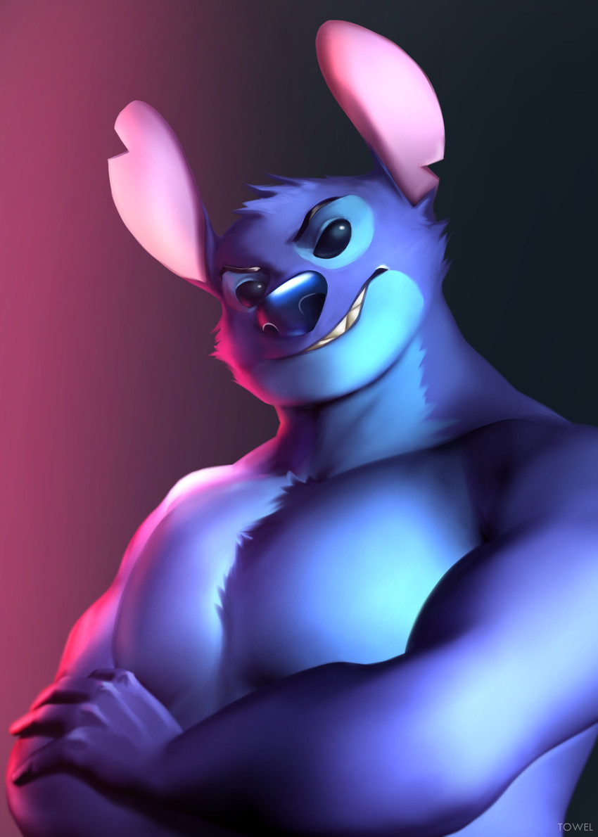 anthro anthrofied black_eyes blue_body blue_fur blue_nose crossed_arms fur gradient_background looking_at_viewer male muscular muscular_anthro muscular_male notched_ear simple_background smile smirk solo nastybearz disney lilo_and_stitch stitch_(lilo_and_stitch) alien experiment_(lilo_and_stitch) 2021 absurd_res digital_media_(artwork) hi_res shaded soft_shading watermark