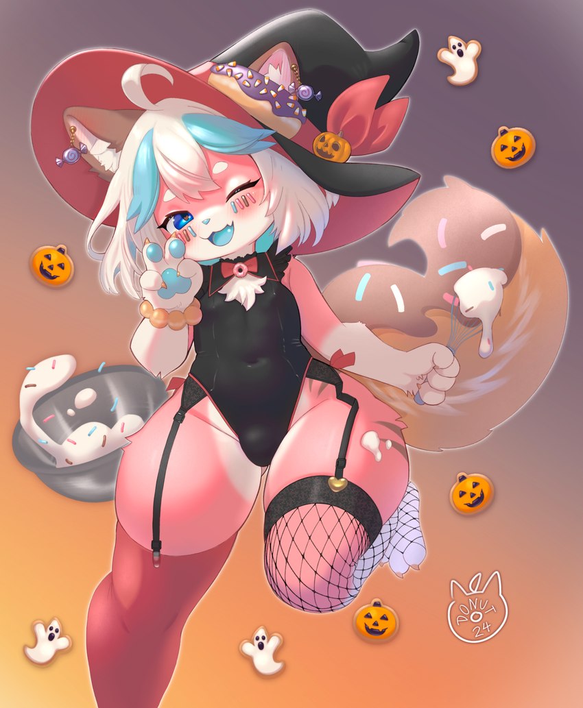 anthro big_tail clothed clothing cookie costume crossdressing dessert doughnut femboy fishnet_clothing fishnet_legwear food front_view fur garter_straps gesture hair halloween_costume hand_gesture hat headgear headwear holidays kemono legwear leotard male one_eye_closed pastry pawpads paws pink_body pink_fur sprinkles tail thick_thighs thigh_highs v_sign white_hair wink witch_costume witch_hat misterdonut halloween donut_(misterdonut) canid canine canis domestic_dog food_creature mammal sprinkledog 2024 digital_media_(artwork) full-length_portrait hi_res portrait