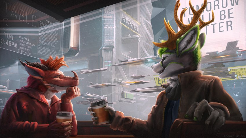 anthro cafe city cityscape coffee_cup container cup cyberpunk duo flying_vehicle future futuristic hair horn male male/male science_fiction spacecraft vehicle haral mythology entropy_(billeur) maple_doe deer dragon mammal mythological_creature mythological_scalie scalie 16:9 4k absurd_res hi_res widescreen