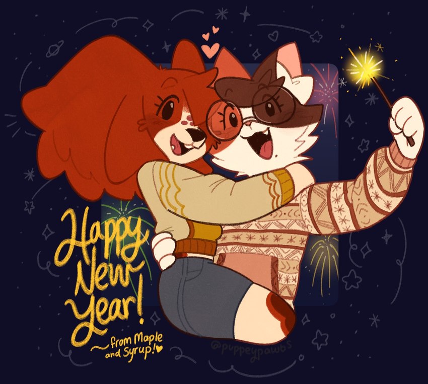 anthro clothing duo eyelashes eyewear fireworks glasses hand_on_back heart_symbol hug inner_ear_fluff open_mouth romantic romantic_couple round_glasses sweater topwear tuft winter puppeypawbs new_year_2025 maple_(puppeypawbs) syrup_(puppeypawbs) calico_cat canid canine canis domestic_cat domestic_dog felid feline felis mammal 2025 digital_drawing_(artwork) digital_media_(artwork) hi_res