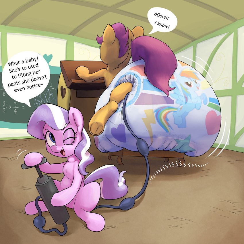 air_inflation air_pump big_diaper classroom clean_diaper dialogue diaper diaper_inflation duo female feral hooves hose hose_inflation inflation oblivious pattern_diaper pump raised_arm school speech_bubble talking_to_self text tube_bulge underhoof young parumpee friendship_is_magic hasbro my_little_pony diamond_tiara_(mlp) rainbow_dash_(mlp) scootaloo_(mlp) equid equine horse mammal pony 1:1 2022 absurd_res english_text hi_res