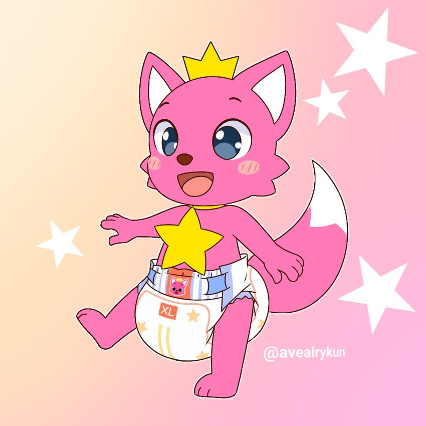 ambiguous_gender anthro blush clean_diaper clothed clothing diaper diaper_only on_one_leg open_mouth pink_body smile solo standing topless wearing_diaper young young_anthro avealrykun pinkfong_(character) canid canine fox mammal 1:1