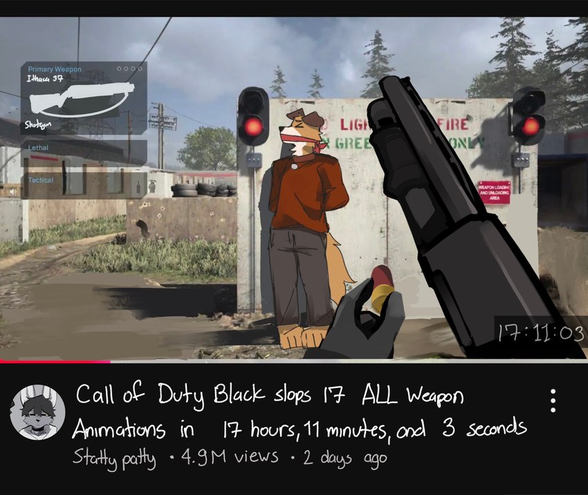 4_toes anthro barefoot black_nose bottomwear bound brown_body brown_collar brown_fur clothed clothing collar duo execution eyebrows eyes_closed feet floppy_ears fully_clothed fur grey_bottomwear grey_clothing grey_pants gun holding_gun holding_object holding_ranged_weapon holding_shotgun holding_weapon imminent_death male muzzle_(object) muzzled orange_body orange_fur outside pants paws ranged_weapon red_clothing red_shirt red_topwear reloading screencap screencap_background shell_(projectile) shirt shotgun shotgun_shell snout solo standing tail text toes topwear weapon white_body white_fur everythingbagel youtube winterfrost_(winterfrost) canid canine canis domestic_dog mammal 2024 3d_(artwork) cel_shading digital_media_(artwork) english_text hi_res shaded