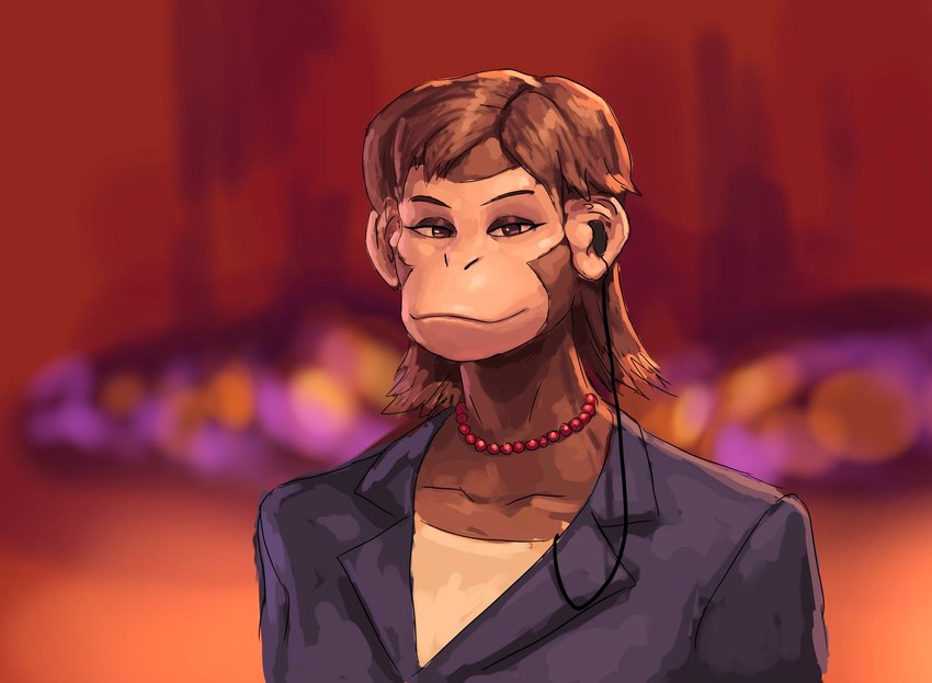 anthro brown_body brown_eyes brown_fur brown_hair clothed clothing earpiece female fur hair jewelry looking_at_viewer necklace reporter short_hair solo suit redustheriotact a_fox_in_space ape haplorhine mammal primate 2023 hi_res