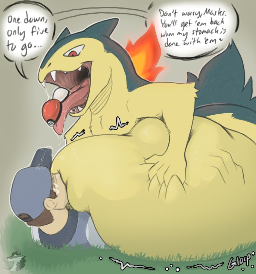 abdominal_bulge anthro anthro_pred belly big_belly bodily_fluids duo fangs fur grass hand_on_belly huge_belly lying on_back on_front open_mouth outside pinned_by_belly plant pokeball resting_on_belly rumbling_stomach saliva simple_background soft_vore teeth text tongue vore yellow_body yellow_fur arkailart nintendo pokemon generation_2_pokemon human mammal pokemon_(species) typhlosion 2024 absurd_res english_text hi_res watermark