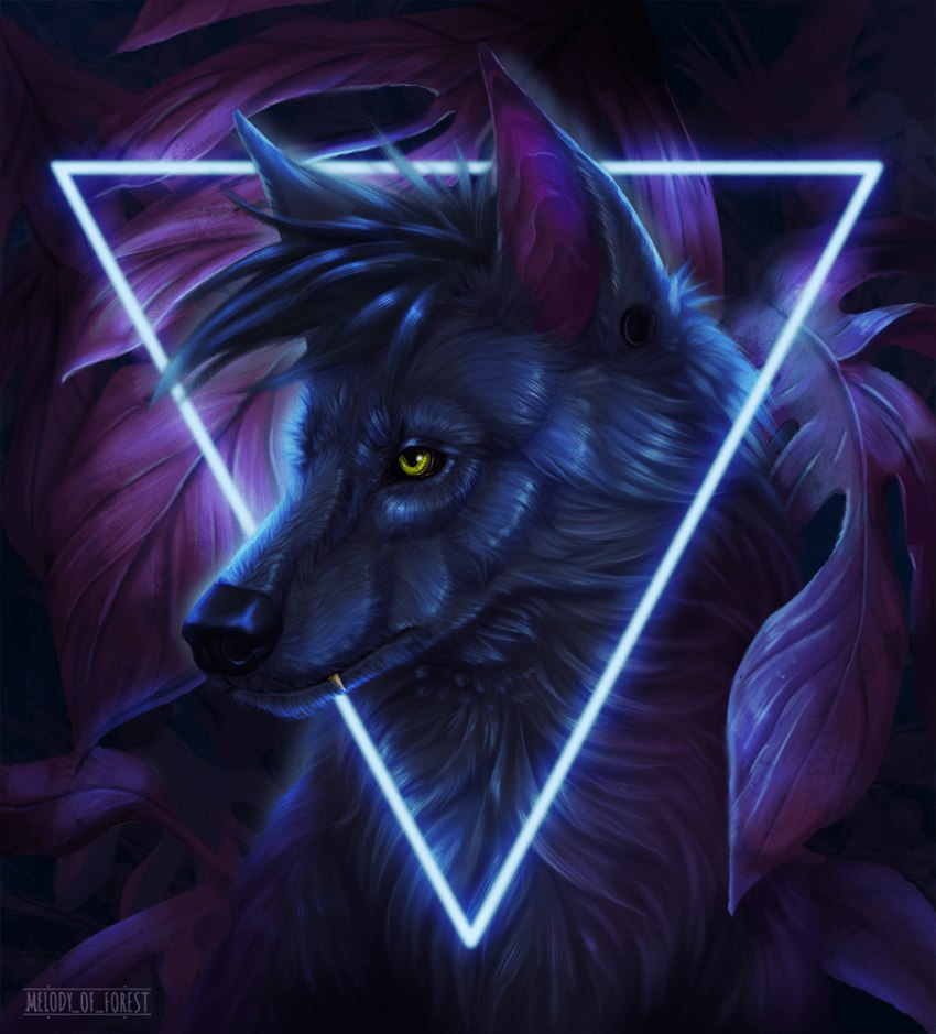 black_body black_fur black_nose dark_body dark_fur ear_piercing feral fur gauged_ear green_eyes male monstera neon piercing triangle_(shape) melodyofforest canid canine canis mammal wolf