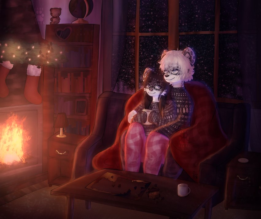 anthro black_hair blue_eyes cabin clothing cuddling duo eyewear female fire fireplace glasses hair inside male male/female pajamas piercing snow white_hair winter jadekires jade_(jadekires) kieran_(angywulf) felid mammal pantherine snow_leopard absurd_res hi_res