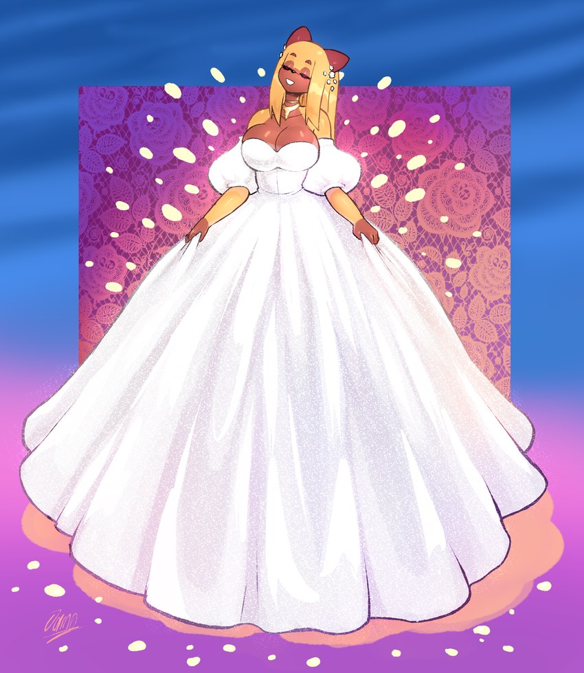 anthro big_breasts big_dress blush breasts cleavage clothed clothing dress ear_piercing ear_ring eyes_closed female gradient_background jewelry necklace piercing ring_piercing simple_background solo wedding_dress jamoart bethany_(jamoart) capybara caviid mammal rodent absurd_res hi_res