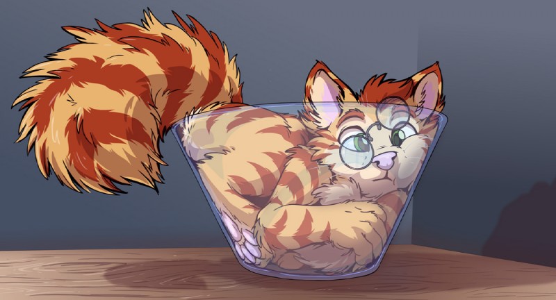 against_surface ambiguous_gender anthro behind_glass bowl butt cats_are_liquid container cup eyewear fur ginger_fur glass glass_container glass_cup glasses green_eyes in_container in_cup in_glass on_glass orange_body orange_fur solo tirrel manic_knux manick domestic_cat felid feline felis mammal