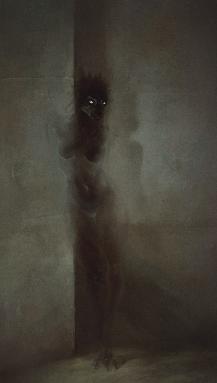 anthro breasts female hair horror_(theme) messy_hair nake nude solo standing translucent bra1neater felid feline mammal 2022 digital_media_(artwork) hi_res portrait