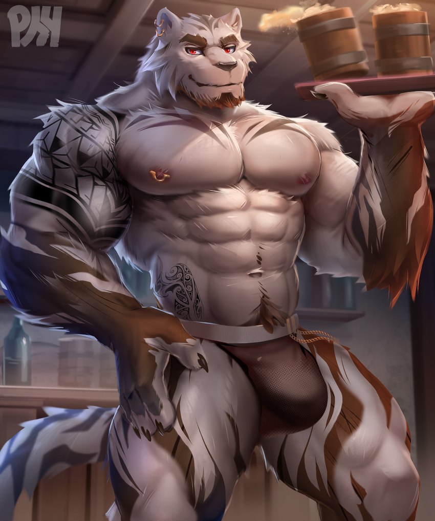 abs anthro beverage biceps black_clothing black_jockstrap black_underwear bottomwear brown_body brown_fur bulge claws clothed clothing detailed_background ear_piercing fur holding_beverage holding_object holding_tray inside jockstrap looking_at_viewer male muscular muscular_anthro muscular_male muscular_thighs nipple_piercing nipples pecs piercing red_eyes ring_piercing smile solo striped_body stripes tail tattoo topless underwear white_body white_fur physen grimoire_of_zero mercenary_(grimoire_of_zero) felid mammal pantherine tiger absurd_res digital_media_(artwork) hi_res