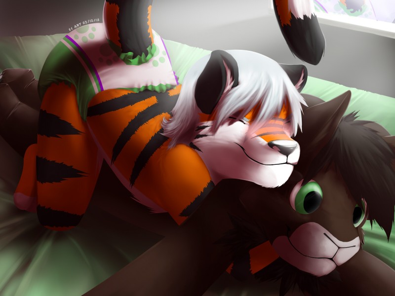 bed clean_diaper clothed clothing diaper eyes_closed furniture grinding male plushie solo wearing_diaper furrychrome scyler felid mammal pantherine tiger 4:3 hi_res