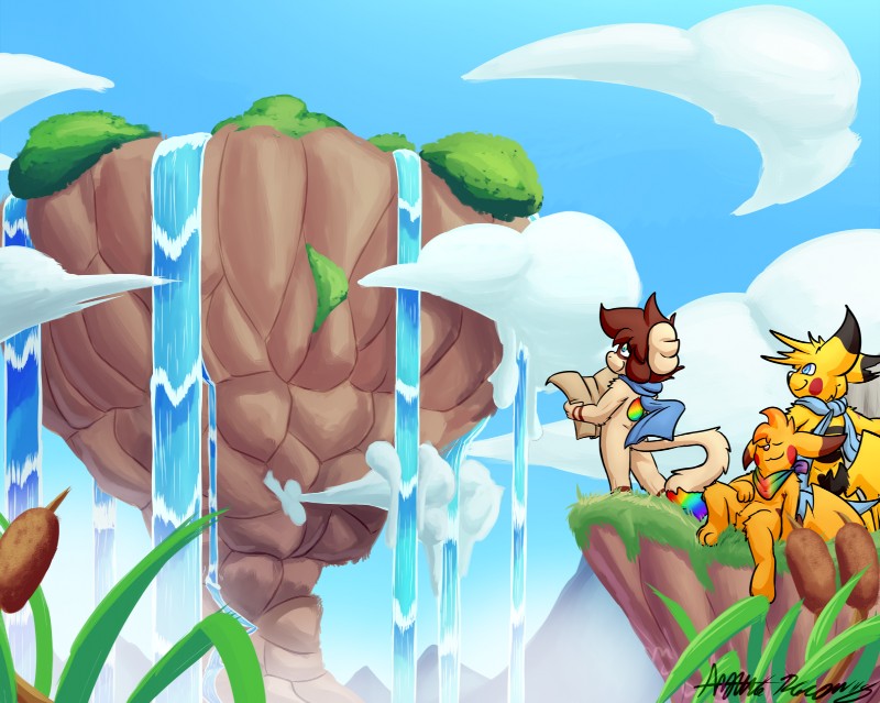 anthro cattail_(plant) cloud detailed_background grass group low-angle_view male map mostly_nude mountain plant scarf water waterfall azuraracon nintendo pokemon pokemon_mystery_dungeon spike_chunsoft azura_racon_(fursona) rax_(azuraracon) zephyr_(azuraracon) generation_1_pokemon generation_2_pokemon pikachu pokemon_(species) smeargle hi_res