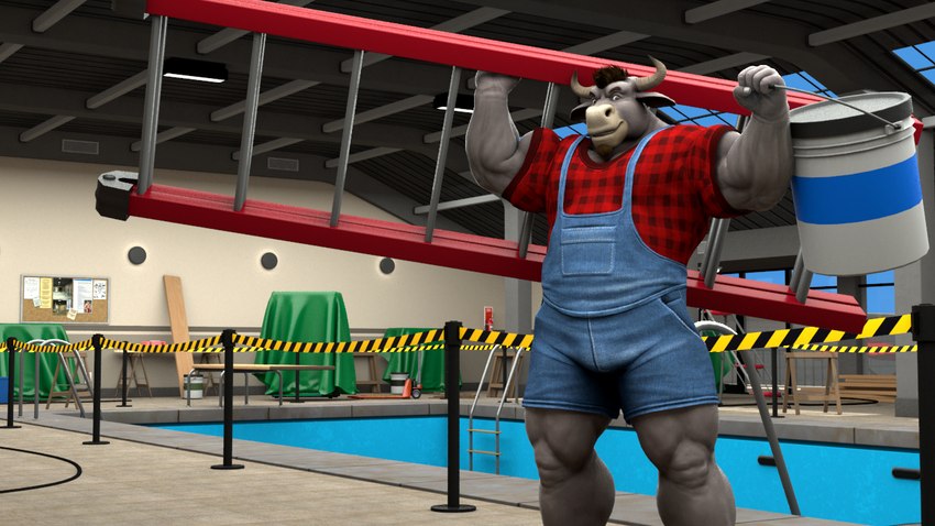 2_horns anthro barrier blue_clothing blue_overalls brown_facial_hair brown_hair bucket bulletin_board cable clothing container denim denim_clothing facial_hair flexing flexing_bicep fur goatee green_tarp grey_body grey_fur hair holding_bucket holding_container holding_ladder holding_object horn ladder looking_at_viewer male muscular muscular_anthro muscular_male muscular_thighs overalls pattern_clothing pattern_shirt pattern_topwear plaid plaid_clothing plaid_shirt plaid_topwear pool pool_ladder red_clothing red_shirt red_topwear shirt solo tarp text topwear wall_lighting window_sill wooden_plank braford house_of_beef jack_(braford) bovid bovine cattle mammal 16:9 3d_(artwork) digital_media_(artwork) english_text widescreen