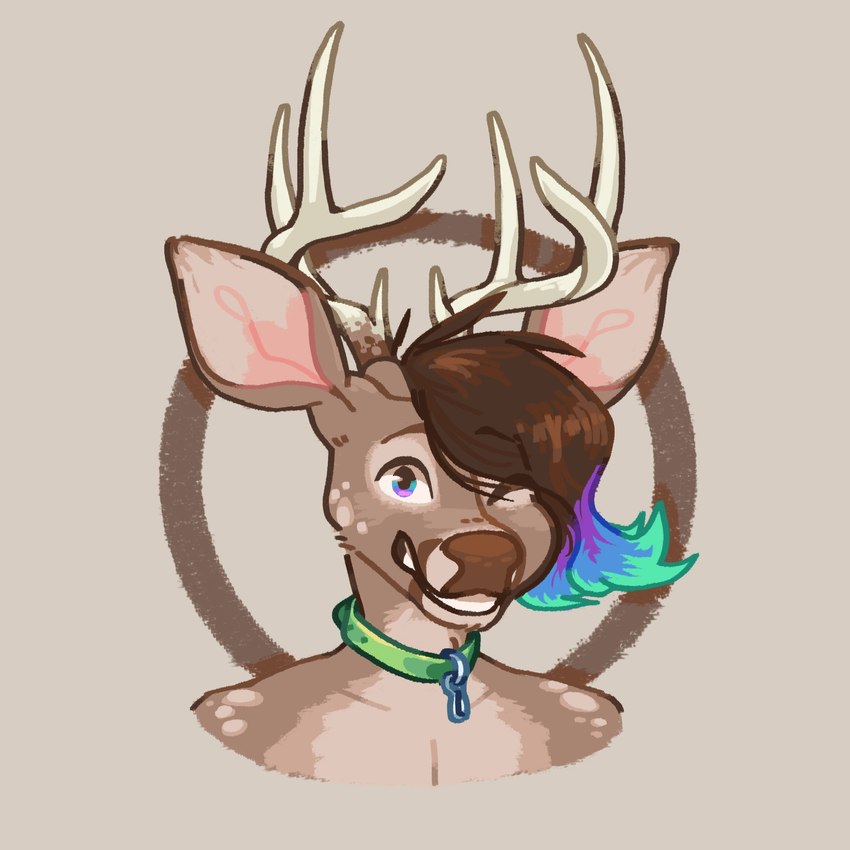 anthro antlers brown_body brown_fur brown_hair brown_nose collar collar_only collar_tag eyebrows fur green_collar hair highlights_(coloring) horn looking_at_viewer male male_anthro multicolored_eyes multicolored_highlights nude pink_inner_ear simple_background smile smiling_at_viewer snout solo tan_background tan_body tan_fur teeth white_antlers dyyrlysh kristoffer_everglade deer mammal new_world_deer white-tailed_deer 1:1 2021 bust_portrait digital_drawing_(artwork) digital_media_(artwork) hi_res krita_(artwork) portrait shaded