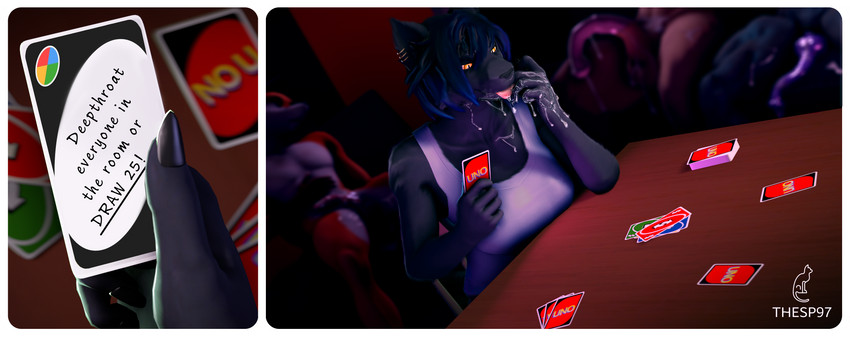anthro big_breasts blue_hair blurred_background bodily_fluids breasts cum cum_in_mouth cum_inside cum_on_chest cum_on_face cum_on_penis dark_body dark_fur ear_piercing female flaccid fur furniture gaming genital_fluids genitals group hair highlights_(coloring) humor male male/female penis piercing shitpost table text yellow_eyes thesp97 draw_25_(meme) uno canid canine domestic_cat equid equine felid feline felis fox horse mammal scalie 3d_(artwork) absurd_res digital_media_(artwork) hi_res meme source_filmmaker_(artwork)