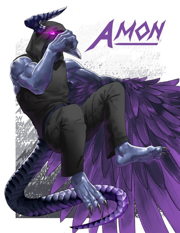 3_toes barefoot beak bottomwear claws clothing feathers feet glowing glowing_eyes hoodie horn male muscular muscular_male pants plantigrade solo toe_claws toes topwear amon-sydonai ars_goetia amon demon 2018 hi_res