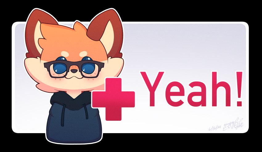 anthro clothing eyewear freckles glasses hoodie looking_at_viewer solo text topwear gingy_k_fox miiverse yeah!_(miiverse) gingy_(gingy_k_fox) canid canine fox mammal alpha_channel english_text meme