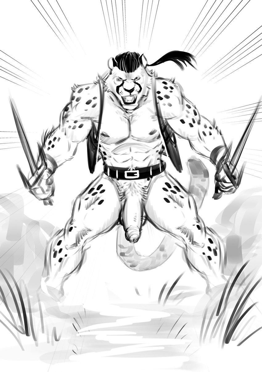 anthro balls belt black_hair bottomless clothed clothing fangs foreskin fur genitals grass hair holding_object holding_weapon looking_at_viewer male markings muscular muscular_anthro muscular_male open_mouth penis plant ponytail pubes sharp_teeth solo spots spotted_body spotted_fur standing teeth tongue topwear weapon badcoyote kyyanno cheetah felid feline mammal 2021 black_and_white hi_res monochrome sketch