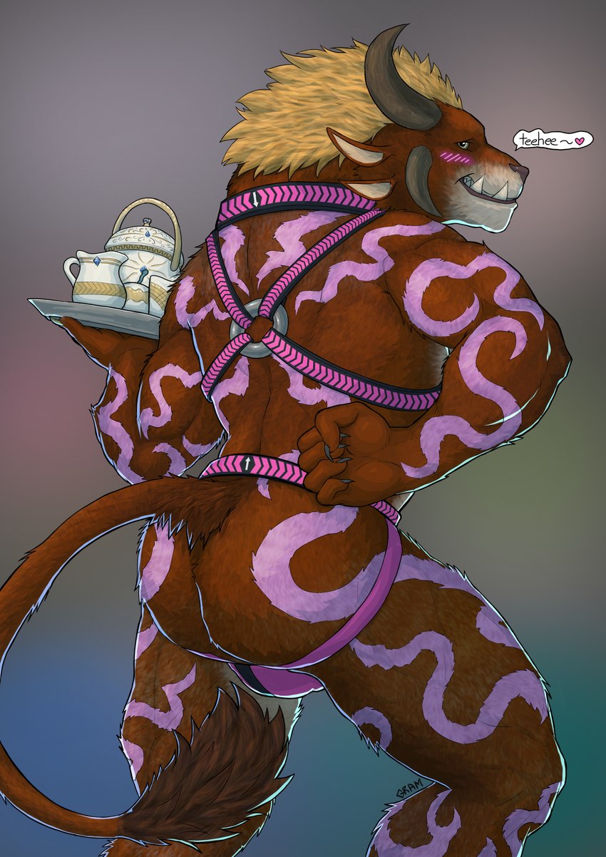 anthro beverage butt clothing exhibitionism fur fur_markings harness jockstrap male markings pose raised_tail serving_beverage solo tail tea teasing underwear gramworks guild_wars milo_goldenheart charr felid mammal hi_res pinup