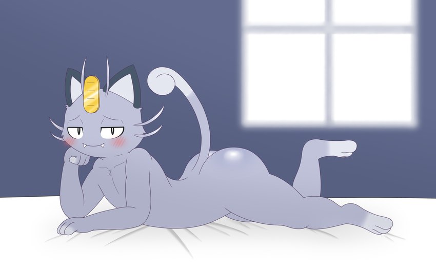 anthro bed big_butt blush bubble_butt butt cute_fangs dipstick_tail fangs fur furniture grey_body grey_fur inside looking_at_viewer lying male markings nude on_bed on_front smug solo tail tail_markings teeth whiskers window kamek_sans nintendo pokemon alolan_form alolan_meowth generation_7_pokemon pokemon_(species) regional_form_(pokemon) 16:10 absurd_res hi_res widescreen