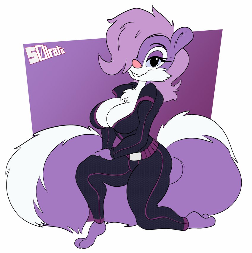 anthro barefoot big_breasts breasts cleavage clothed clothing feet female hair hair_over_eye kneeling looking_at_viewer on_one_knee one_eye_obstructed skinsuit solo tight_clothing solratic tiny_toon_adventures warner_brothers fifi_la_fume mammal mephitid skunk hi_res