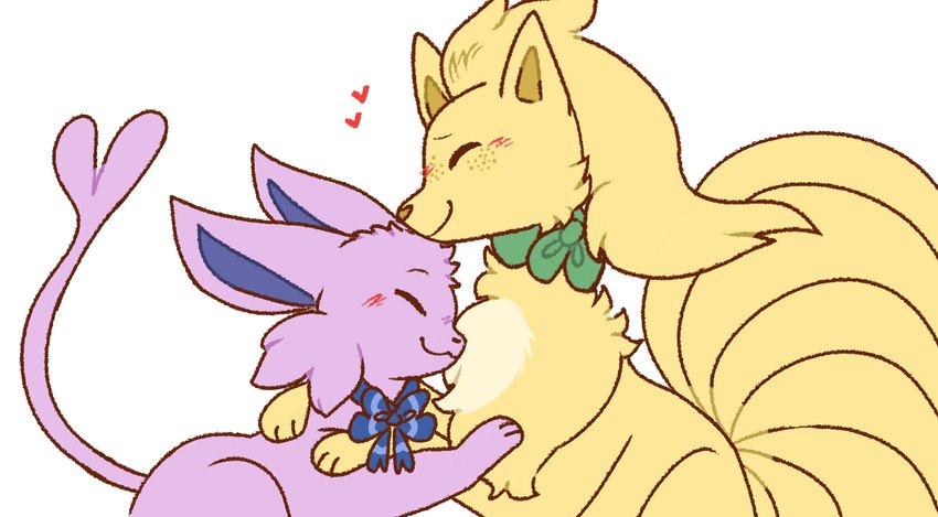 blush bow_ribbon cuddling duo female feral forked_tail fur heart_symbol kerchief multi_tail nuzzling purple_body purple_fur simple_background size_difference smile tail unusual_anatomy unusual_tail white_background yellow_body yellow_fur aimer_arts nintendo pokemon pokemon_mystery_dungeon spike_chunsoft clementine_the_vulpix_(aimer_arts) piper_the_eevee_(aimer_arts) eeveelution espeon generation_1_pokemon generation_2_pokemon ninetales pokemon_(species) 2023