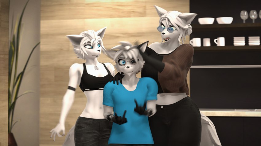 angry anthro big_breasts black_body black_fur blue_clothing blue_eyes blue_shirt blue_topwear bra breasts clothed clothed_anthro clothed_female clothed_male clothing eyewear female flinching fur gesture glasses group hair hand_gesture larger_anthro larger_female male middle_finger motion_blur multicolored_body multicolored_fur shirt size_difference slap small_breasts smaller_anthro smaller_male smug smug_face sports_bra t-shirt topwear trio two_tone_body two_tone_fur underwear wearing_glasses white_body white_fur white_hair domibun warfare_machine abby_(domibun) leo_(atoastedorange) maxine_(domibun) canid canine fox mammal 16:9 3d_(artwork) 4k absurd_res digital_media_(artwork) hi_res source_filmmaker_(artwork) widescreen cousins_(lore) daughter_(lore) mother_(lore) mother_and_child_(lore) mother_and_daughter_(lore) parent_(lore) parent_and_child_(lore) parent_and_daughter_(lore)