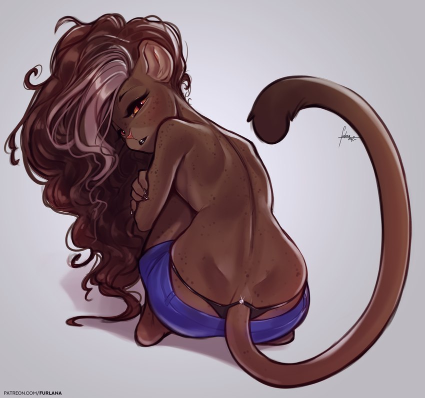 anthro black_lips bottomwear clothed clothing crossed_arms crouching female furgonomic_bottomwear furgonomic_underwear furgonomics hair lips looking_back shorts solo topless underwear yellow_eyes furlana rey_(furlana) cougar felid feline lion mammal pantherine 2022 absurd_res digital_media_(artwork) hi_res