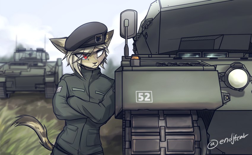 beret blind_eye blonde_hair brown_body brown_fur clothed clothing crossed_arms female fully_clothed fur hair hair_over_eye hat headgear headwear leopard_2 leopard_2a5 one_eye_obstructed outside red_eyes scar solo standing tan_body tan_fur tank vehicle endjfcar chloe_(hunglee) felid leopard mammal pantherine 2018 hi_res