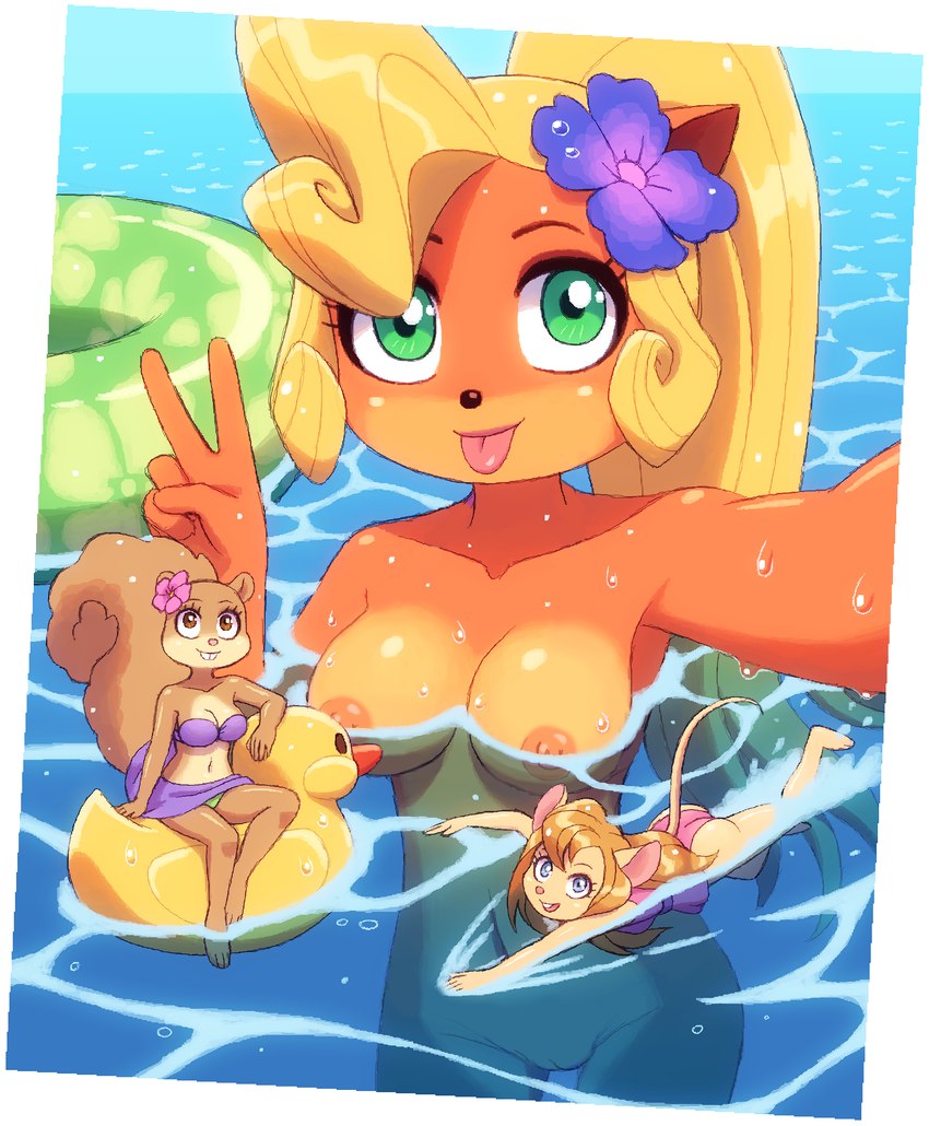 accessory anthro bikini blep blonde_hair blue_eyes breasts brown_eyes buckteeth butt clothed clothing female flower flower_in_hair fur genitals gesture green_eyes group hair hair_accessory hand_gesture inflatable inner_tube long_hair looking_at_viewer navel nipples one-piece_swimsuit open_mouth open_smile partially_submerged plant pussy rubber_duck selfie size_difference smile swimming swimwear teeth tongue tongue_out two-piece_swimsuit v_sign water wet wet_body wet_fur kempferzero third-party_edit activision chip_'n_dale_rescue_rangers crash_bandicoot_(series) disney nickelodeon spongebob_squarepants coco_bandicoot gadget_hackwrench sandy_cheeks bandicoot mammal marsupial mouse murid murine rodent sciurid tree_squirrel crossover hi_res