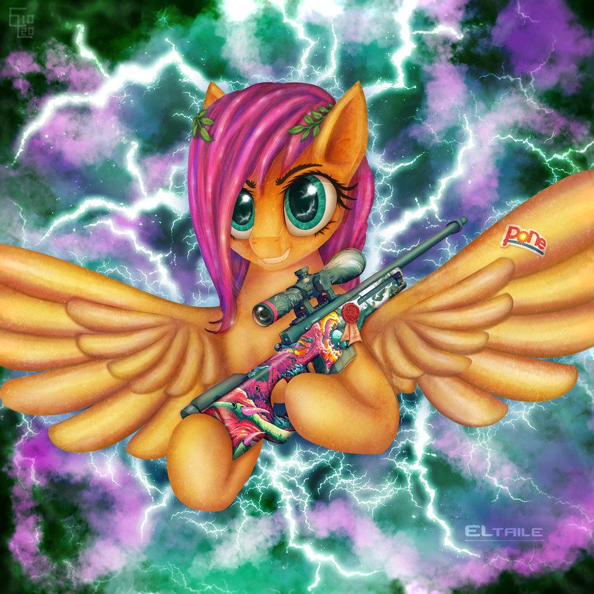 awp banana brand_parody electricity female feral flying food fruit gun laurel_wreath lightning plant ranged_weapon rifle solo sticker thunder weapon wings elronya eltaile counter-strike dole friendship_is_magic hasbro my_little_pony mythology valve fluttershy_(mlp) equid equine mammal mythological_creature mythological_equine pegasus 1:1 hi_res