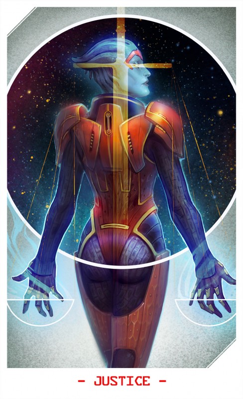 abstract_background armor biotics blue_body blue_skin butt card card_template clothed clothing female fortune_telling fully_clothed justice_(tarot) major_arcana not_furry solo space star tarot tarot_card tentacles alteya bioware electronic_arts mass_effect samara alien alien_humanoid asari humanoid hi_res