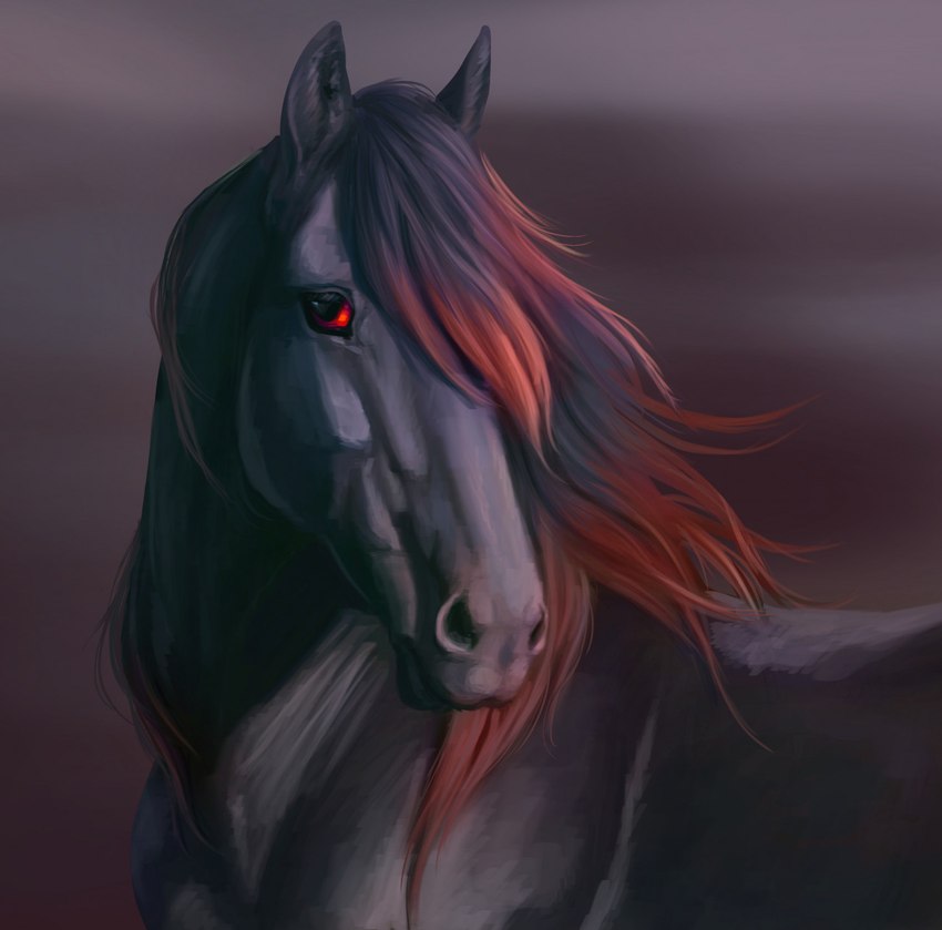 ambiguous_gender feral glistening glistening_eyes grey_body grey_mane looking_at_viewer mane mouth_closed multicolored_mane red_eyes red_mane simple_background solo two_tone_mane rufciu equid equine horse mammal hi_res