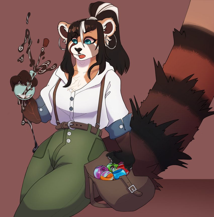 anthro bag belt blue_eyes bristled_fur chest_tuft clothing ear_piercing ear_ring explosion female hair holding_object piercing ponytail potion_bottle ring_piercing scar shirt solo surprised_expression suspenders tail topwear tuft plasticrain zettra_thorn ailurid mammal red_panda hi_res sequence