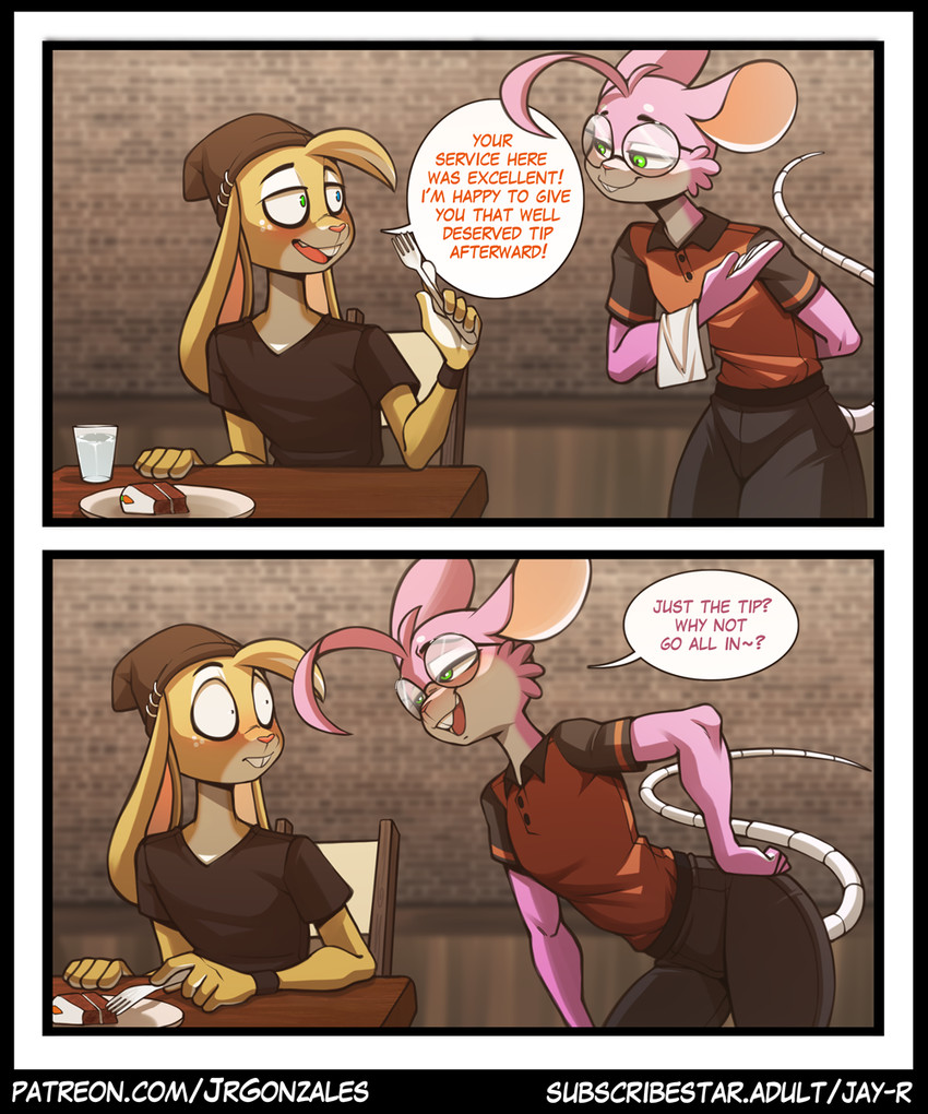 anthro bedroom_eyes bodily_fluids bottomwear buckteeth chair clothed clothing container cup cutlery dialogue drinking_glass duo eyewear femboy fingers food fork fur furniture genital_fluids glass glass_container glass_cup glasses green_eyes hair half-closed_eyes headgear headwear holding_fork holding_object humor kitchen_utensils male male/male narrowed_eyes open_mouth pants pink_body pink_fur plate restaurant round_glasses seductive shirt sitting smile speech_bubble standing table tail teeth text tools topwear unprofessional_behavior waiter wearing_glasses jay-r alex_(jay-r) vix_(jay-r) lagomorph leporid mammal mouse murid murine rabbit rodent 5:6 comic digital_media_(artwork) english_text hi_res url