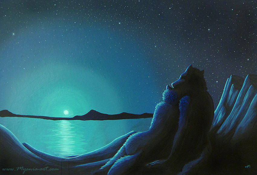 ambiguous_gender anthro blue_body blue_fur cuddling detailed_background duo fur horizon moon mountain night outside romantic romantic_couple shore sky star starry_sky water myenia canid canine canis mammal wolf 2010 blue_theme cool_colors traditional_media_(artwork)