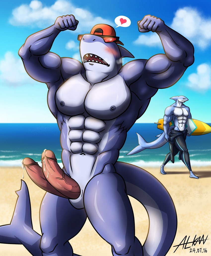 2_penises abs anthro beach biceps big_pecs big_penis blue_body blush bodily_fluids bottomwear clothed clothing cum duo erection eyewear flexing genital_fluids genitals glans hat headgear headwear heart_symbol male male/male multi_genitalia multi_penis multicolored_body muscular muscular_anthro muscular_male navel nipples nude nude_anthro nude_male open_mouth pecs penis pink_penis sunglasses swimwear swimwear_only topless topless_anthro topless_male two_tone_body alkan epic_games fortnite safety_first_steve_(fortnite) teron_(alkan) fish marine shark 2024 absurd_res hi_res