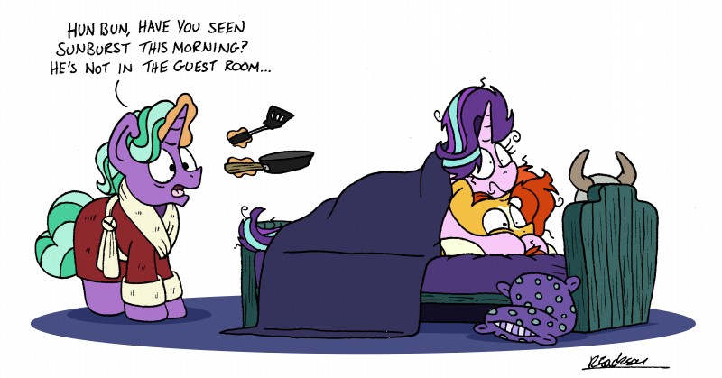 bathrobe bed clothing cookware female frying_pan furniture group hair hiding horn kitchen_utensils male messy_hair robe text tools bobthedalek friendship_is_magic hasbro my_little_pony mythology firelight_(mlp) starlight_glimmer_(mlp) sunburst_(mlp) equid equine mammal mythological_creature mythological_equine unicorn absurd_res english_text hi_res daughter_(lore) father_(lore) father_and_child_(lore) father_and_daughter_(lore) parent_(lore) parent_and_child_(lore) parent_and_daughter_(lore)