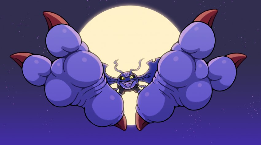 2_toes big_feet black_sclera claws feet flying foot_focus full_moon glowing glowing_eyes huge_feet hyper hyper_feet moon night sky solo toes wings yellow_eyes yowesephth bandai_namco digimon demidevimon digimon_(species) waddling_head hi_res