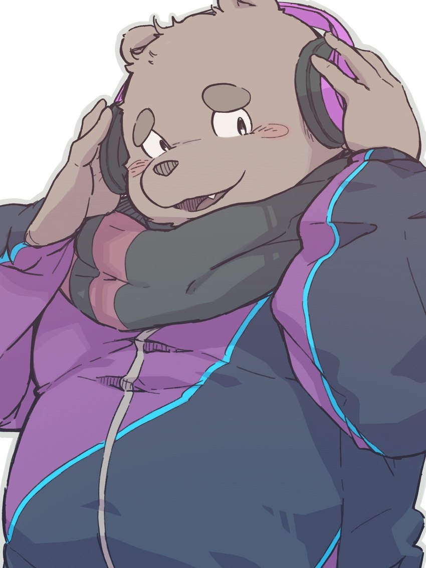 anthro blush clothed clothing cute_fangs electronics fangs headphones humanoid_hands kemono male overweight overweight_male scarf simple_background solo teeth dv-ch bear mammal 2019 hi_res