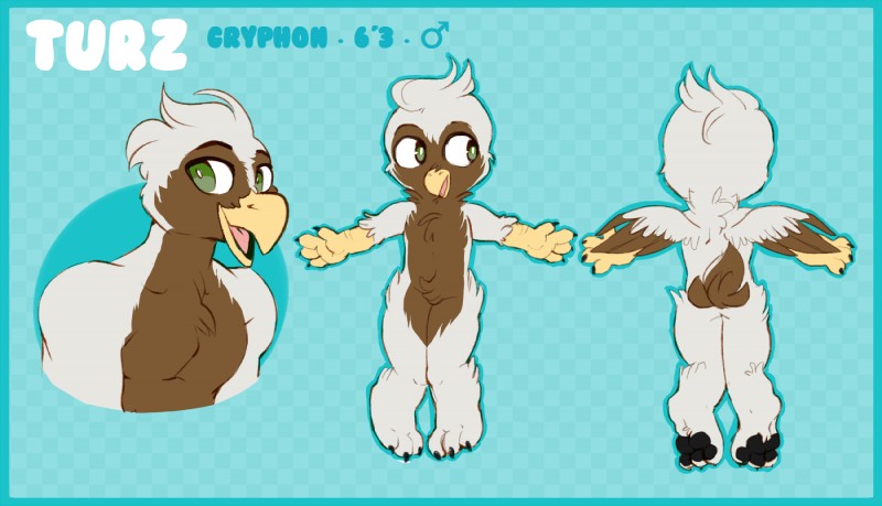 anthro beak brown_body brown_fur chibi claws digitigrade feathered_wings feathers feet fur green_eyes looking_at_viewer male open_mouth simple_background solo spread_wings white_body white_fur wings zippers mythology turz avian gryphon mythological_avian mythological_creature hi_res model_sheet