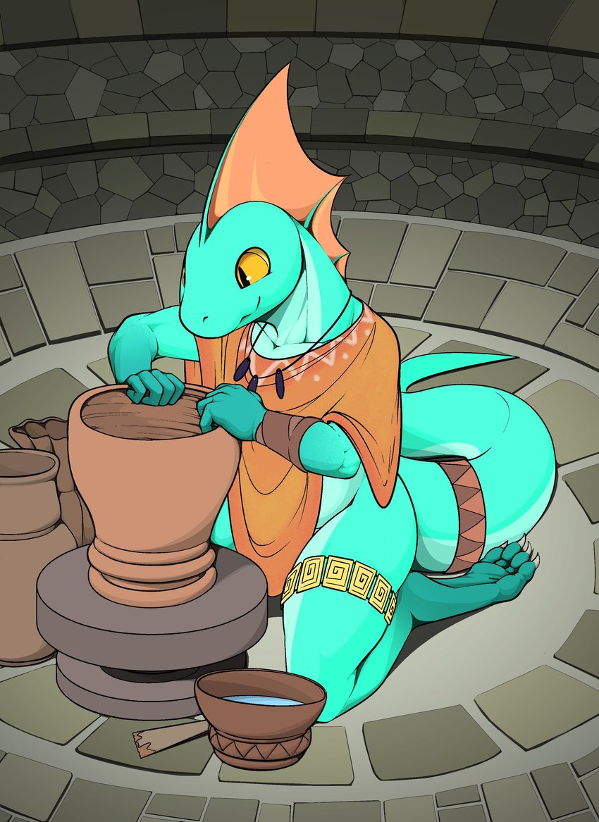accessory anthro barefoot blue_body blue_scales bottomless clay clothed clothing feet fin furgonomics happy head_fin jewelry kneeling leglet male pendant poncho pottery scales smile solo tail tail_accessory water yellow_eyes komolord warhammer_(franchise) warhammer_fantasy lizardman lizardman_(warhammer) scalie skink_(warhammer_fantasy) absurd_res colored full-length_portrait hi_res portrait