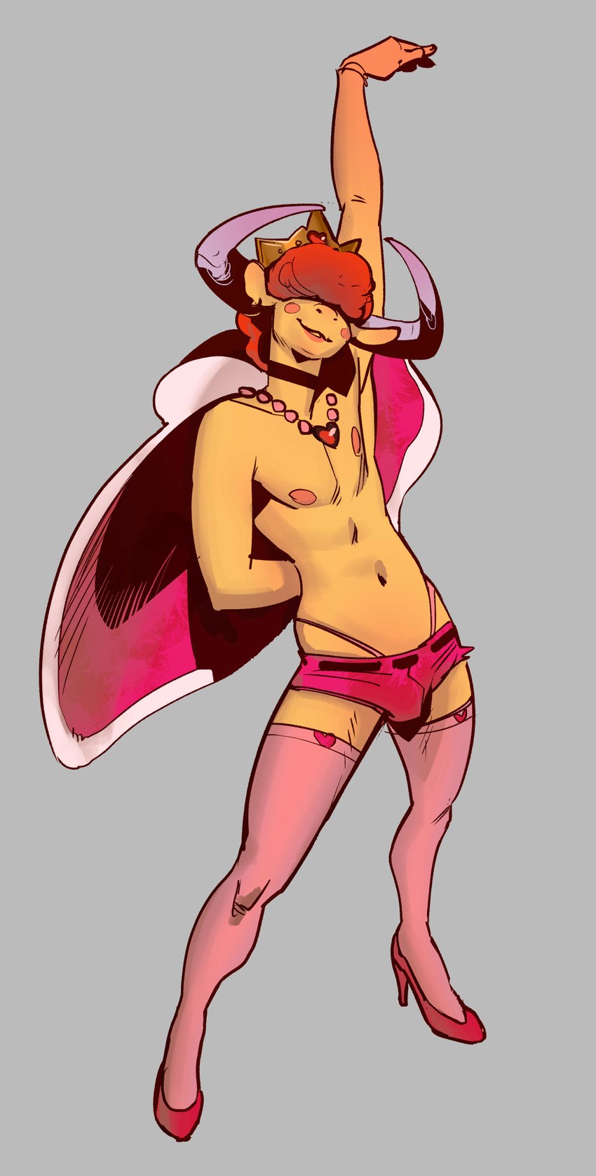 anthro bottomwear cape clothed clothing crown daisy_dukes denim denim_bottomwear denim_clothing denim_shorts femboy footwear hair hair_over_eyes headgear high_heels horn hotpants legwear male navel nipples red_hair shoes shorts skimpy solo stockings thong underwear yellow_body purplebirdman kings_of_hell asmodeus_(kings_of_hell) demon hi_res