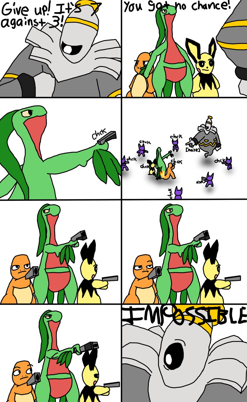 8_panel_comic ambiguous_gender biped black_eyes black_nose black_tail black_text cheek_spots dialogue exclamation_point eyebrows fire flaming_tail green_body group gun holding_gun holding_object holding_ranged_weapon holding_weapon looking_at_another male mouth_closed orange_body pink_cheeks pointing_gun pointing_gun_at_another pupils purple_body ranged_weapon shadow simple_background sound_effects standing tail talking_to_another text weapon white_background white_pupils white_sclera yellow_sclera skeletorskeletonized nintendo pokemon pokemon_mystery_dungeon spike_chunsoft dusknoir_(eotds) grovyle_the_thief charmander dusknoir generation_1_pokemon generation_2_pokemon generation_3_pokemon generation_4_pokemon grovyle pichu pokemon_(species) sableye 2018 absurd_res comic digital_media_(artwork) english_text hi_res