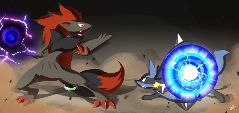 ambiguous_gender anthro aura_sphere claws duo energy_ball pokemon_move semi-anthro shadow_ball spikes lanmana nintendo pokemon canid canine generation_4_pokemon generation_5_pokemon lucario mammal pokemon_(species) zoroark