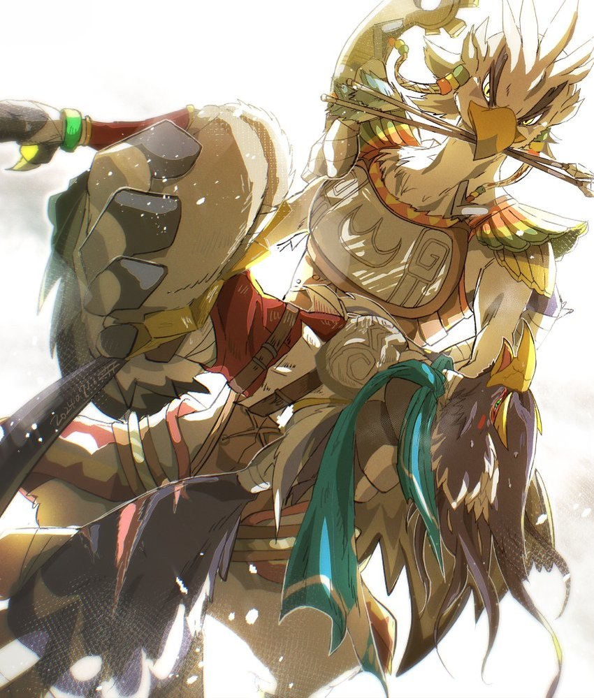 anthro armor arrow_(weapon) beak blue_body blue_feathers braided_pseudo_hair bridal_carry carrying_another duo fainted feathers male male/male ranged_weapon weapon white_body white_feathers wings irohanihotechi breath_of_the_wild nintendo the_legend_of_zelda revali teba_(tloz) avian bird rito