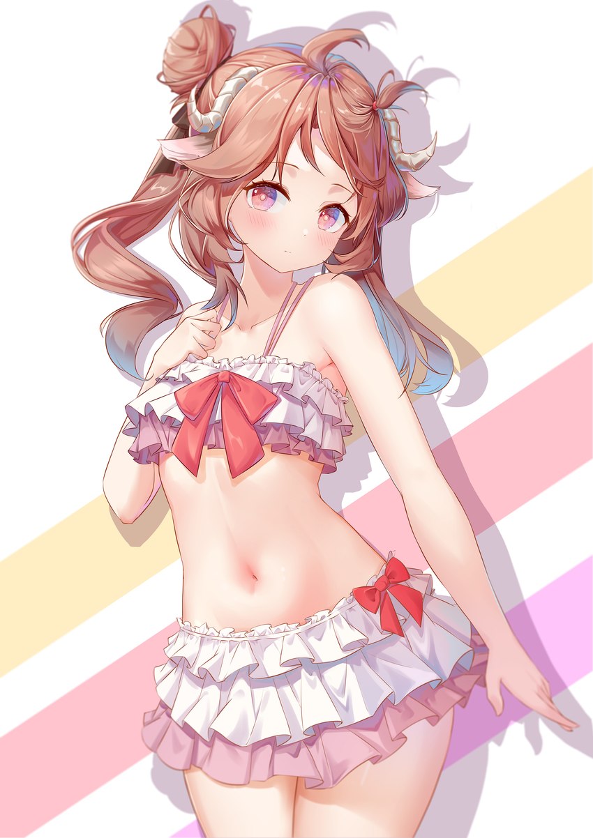 blush brown_hair clothed clothing female frilly frilly_clothing hair horn navel ribbons simple_background solo pai_daxing arknights hypergryph studio_montagne eyjafjalla_(arknights) animal_humanoid bovid bovid_humanoid caprine caprine_humanoid humanoid mammal mammal_humanoid 2021 absurd_res hi_res