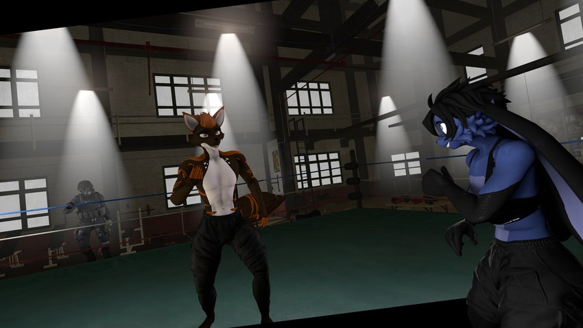 anthro belly blue_body blue_fur brown_body brown_fur detailed_background duo_focus dutch_angle female fighting_ring fur group inside light male male/female orange_stripes shirtless shirtless_male stripes trio white_belly soldierguy domi_(domibun) joseph_(soldierguy) human hyena lagomorph leporid mammal rabbit 16:9 3d_(artwork) digital_media_(artwork) hi_res lighting widescreen